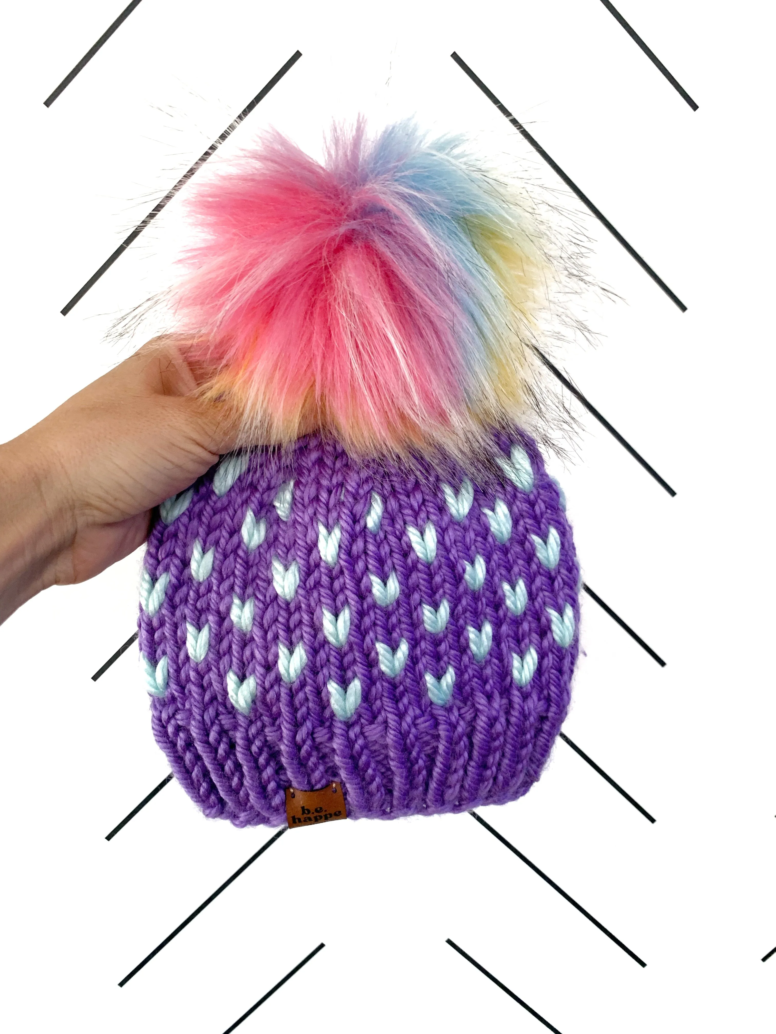 0-3 month Knit Hearts Pom Hat | Wool Free Purple Rainbow