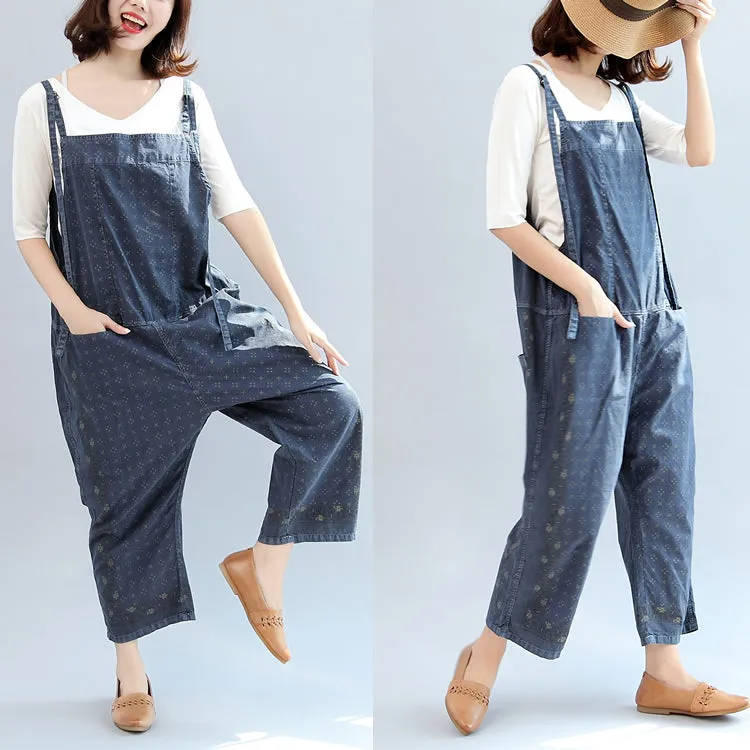 2021 fall blue print cotton pants plus size jumpsuit pants