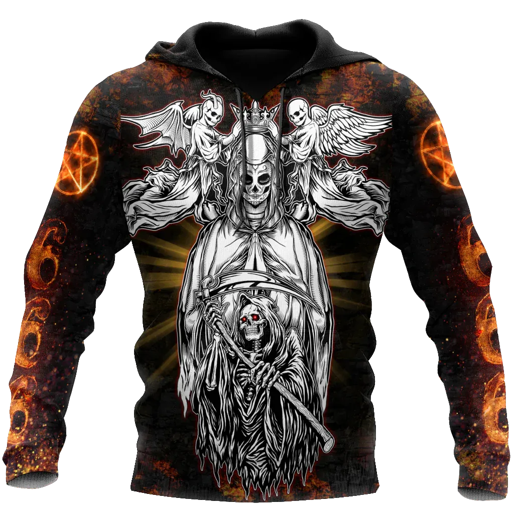 3D All Over Print Skull Satanic Fire Hoodie, Satanic Hoodie, Skull Satanic Hoodie