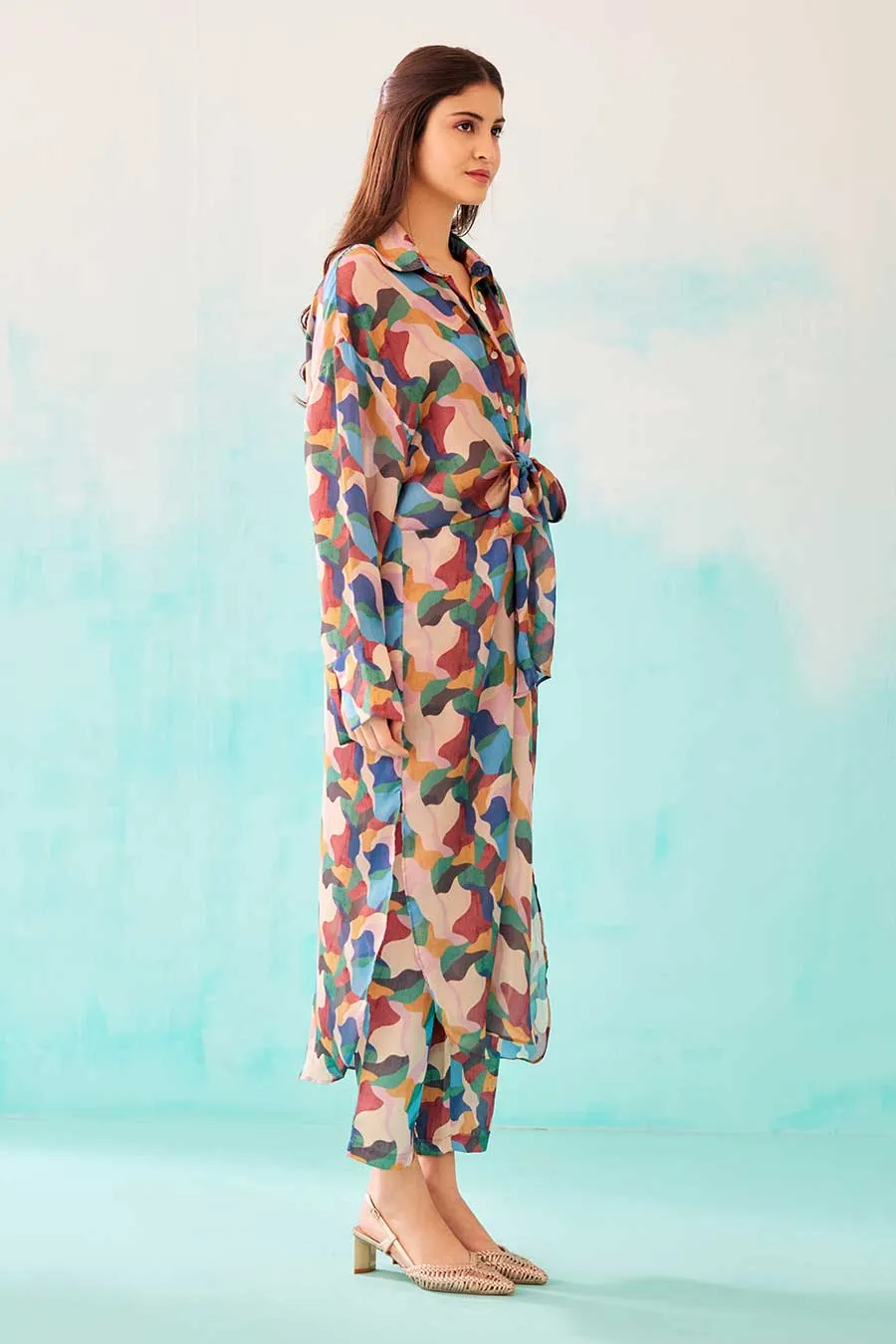 Abstract Print Knot Shirt Dress & Pant Co-Ord Set