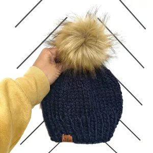 Adult Solid Knit Pom Hat | Navy Blue