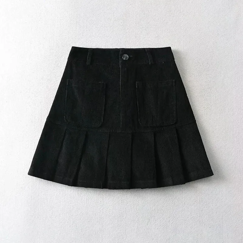 Advbridge Women Pleated Corduroy Mini Skirt With Pocket Detail