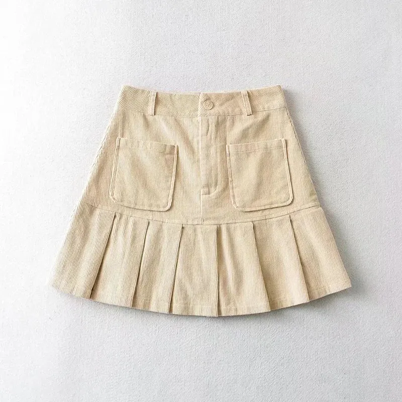 Advbridge Women Pleated Corduroy Mini Skirt With Pocket Detail