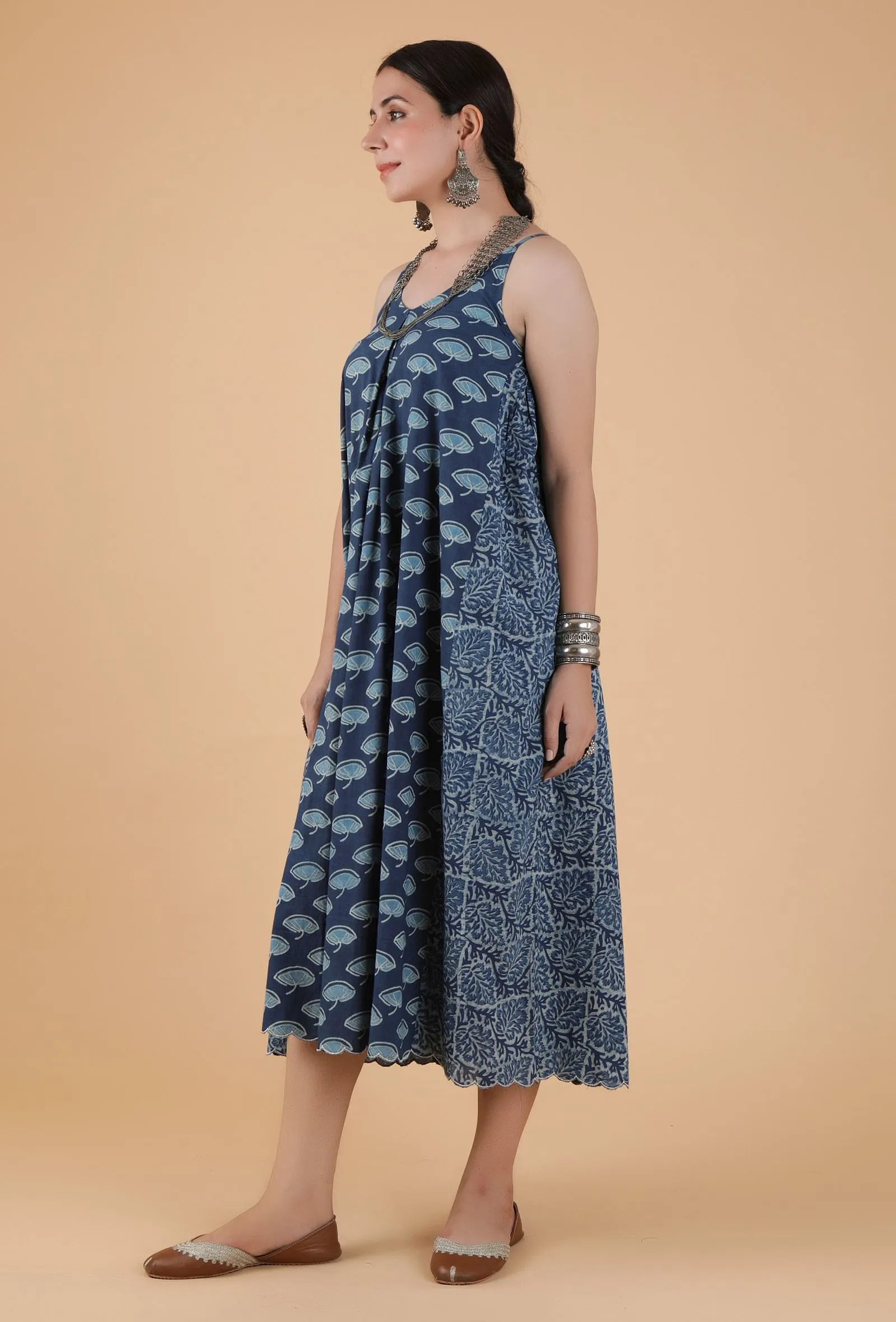 Akshita Indigo Buta Print Side Gather Kurta Dress