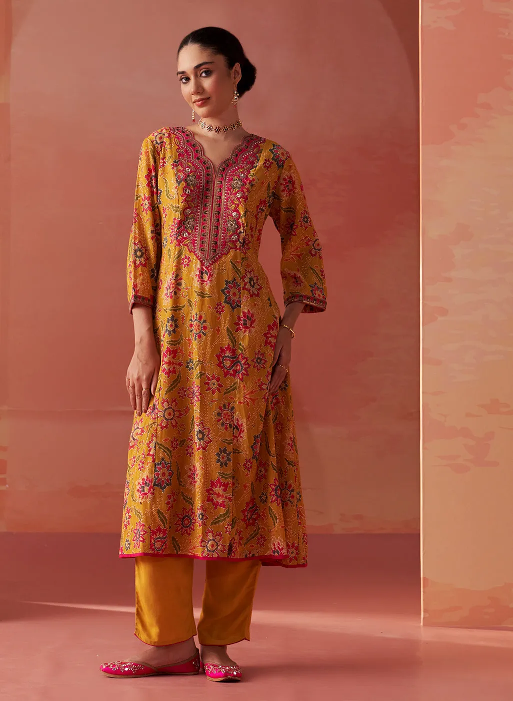 Alisha Mustard Printed Cotton Kurta Set