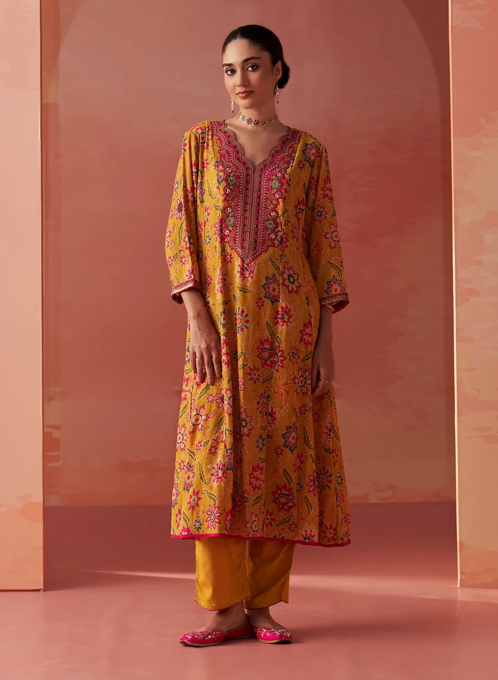 Alisha Mustard Printed Cotton Kurta Set