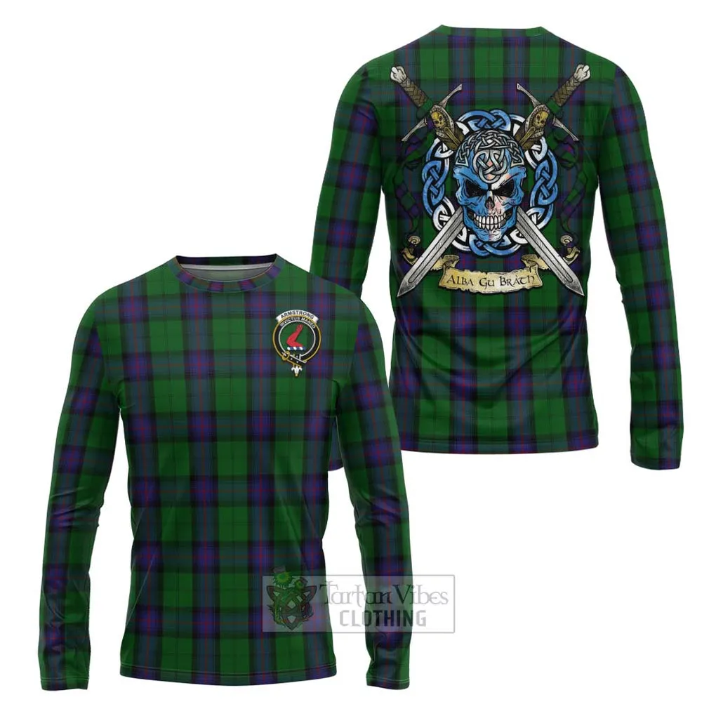 Armstrong Tartan Long Sleeve T-Shirt with Family Crest Celtic Skull Style