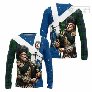 Armstrong Tartan Long Sleeve T-Shirt with Family Crest Scottish Bagpiper Vibes