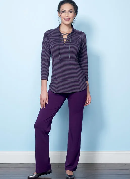 B6494 Misses' Knit Raglan Sleeve Tops and Dress, Vest, and Pull-On Pants