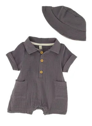 Baby Boys 0-9M Gauze Knit Pocket Romper with Bucket Hat