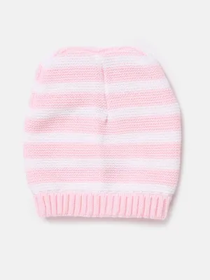 Baby Girl Knitted Hat with Horizontal Lines - Soft Pink