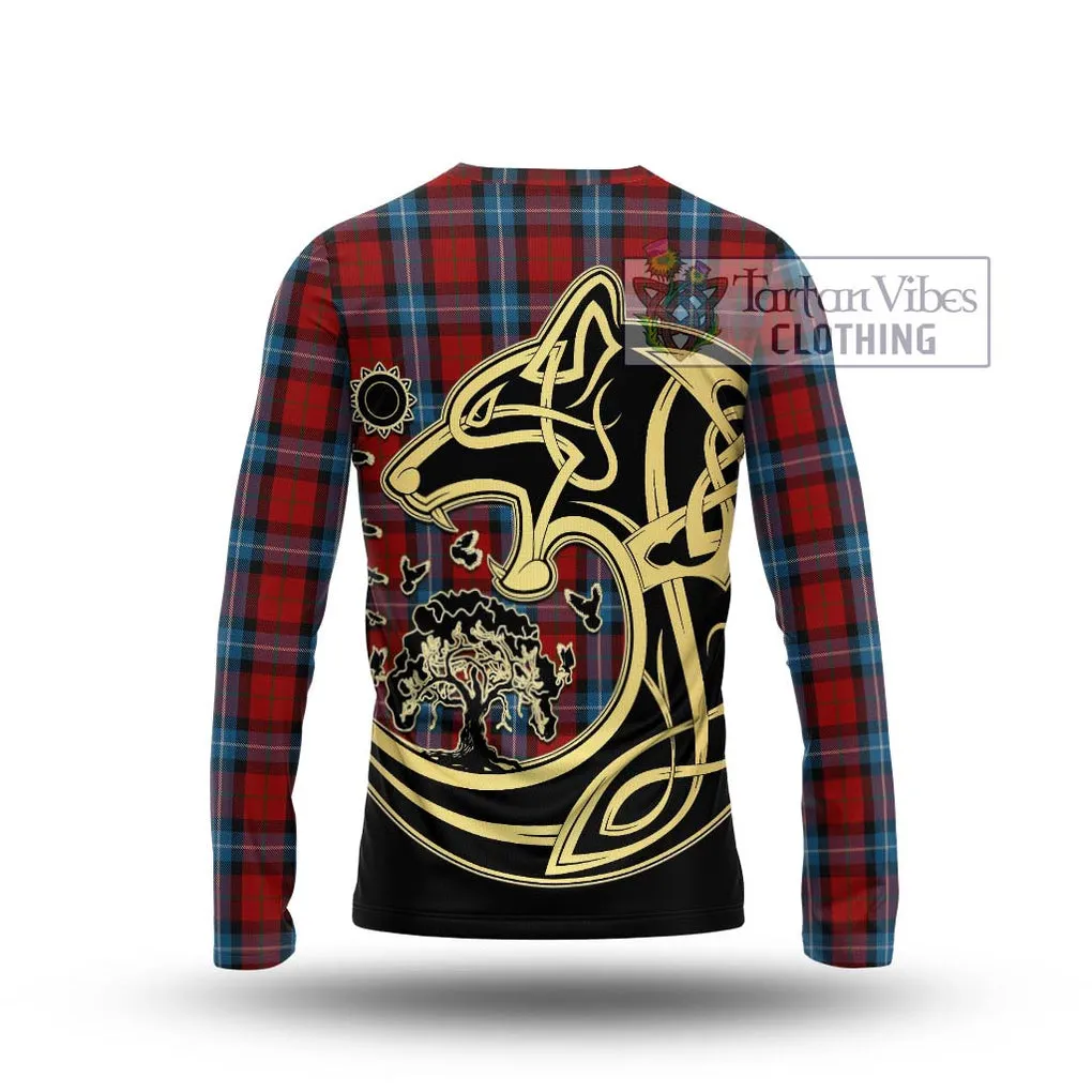 Baillie of Polkemmet Red Tartan Long Sleeve T-Shirt with Family Crest Celtic Wolf Style