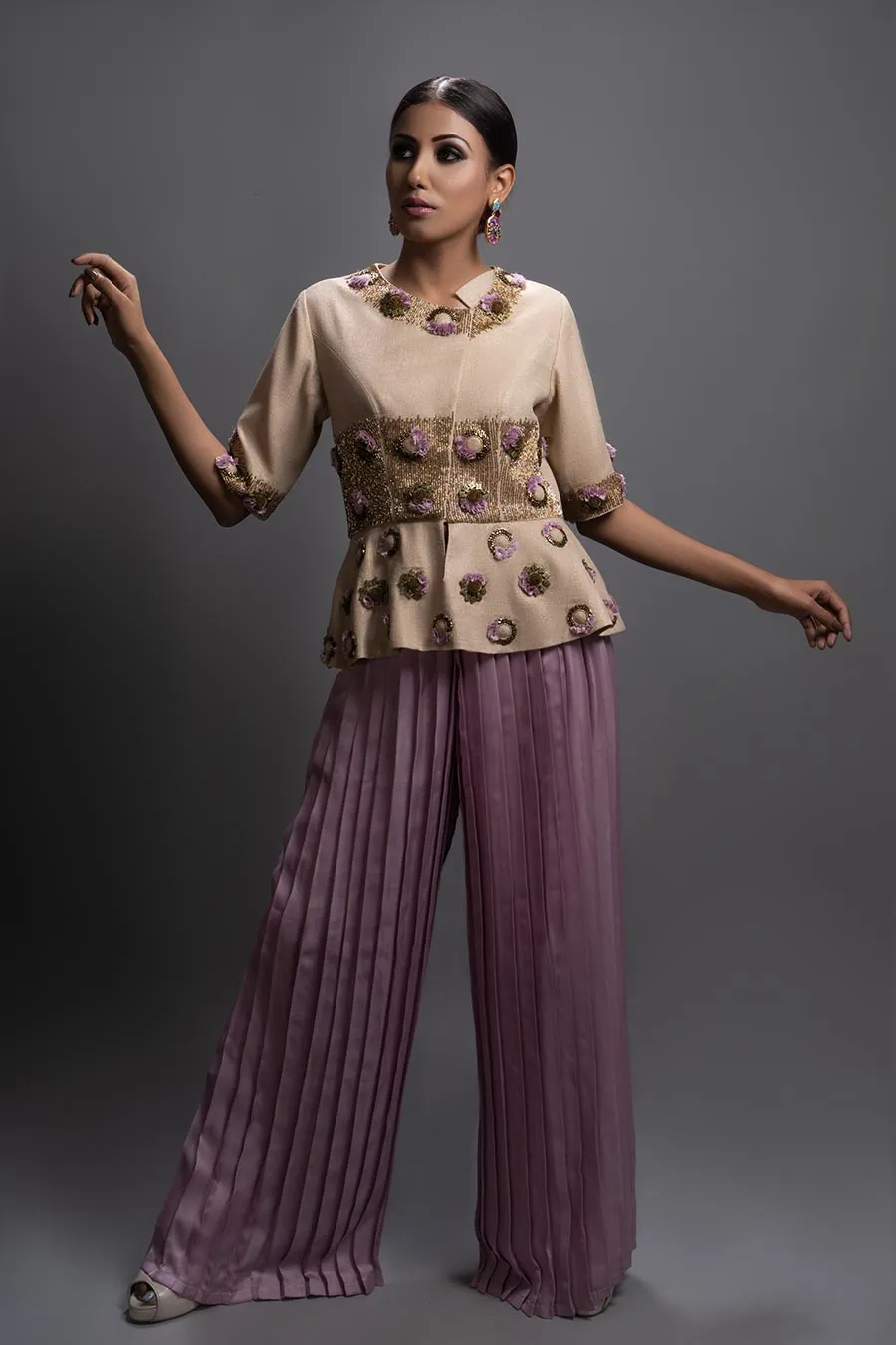 Beige Top & Lavender Pants Co-Ord Set