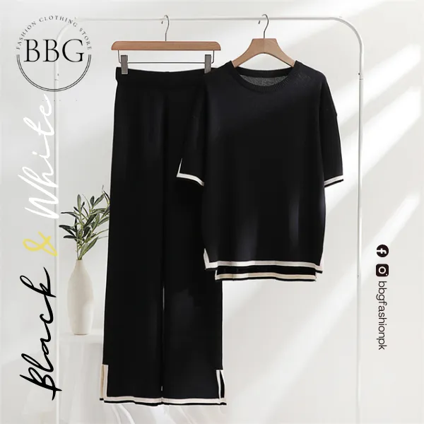 Black & White Slit Short Sleeve T-shirts and High Waist Wide Leg Pants