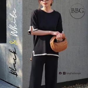 Black & White Slit Short Sleeve T-shirts and High Waist Wide Leg Pants