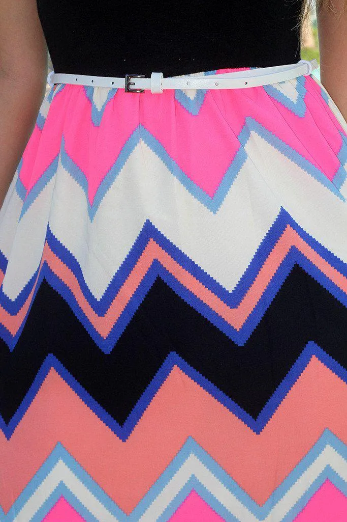 Black and Neon Pink Chevron Dress with Belt