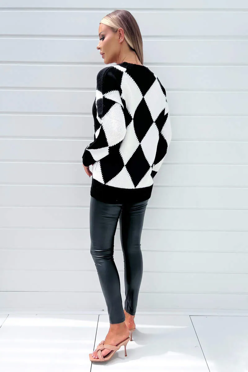 Black And White Geo Diamond Pattern V Neck Long Sleeve Knitted Jumper