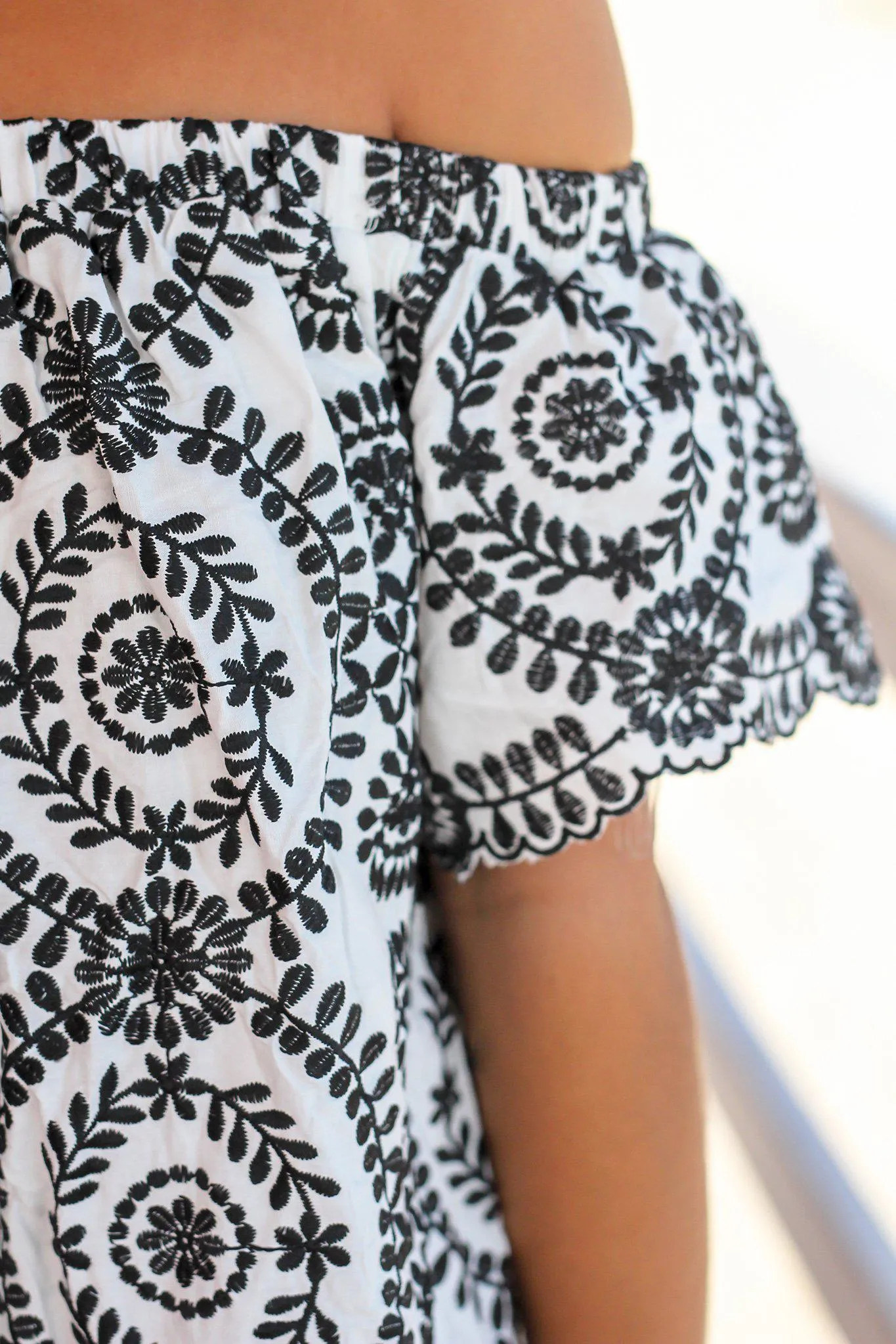 Black and White Off Shoulder Embroidered Short Dress