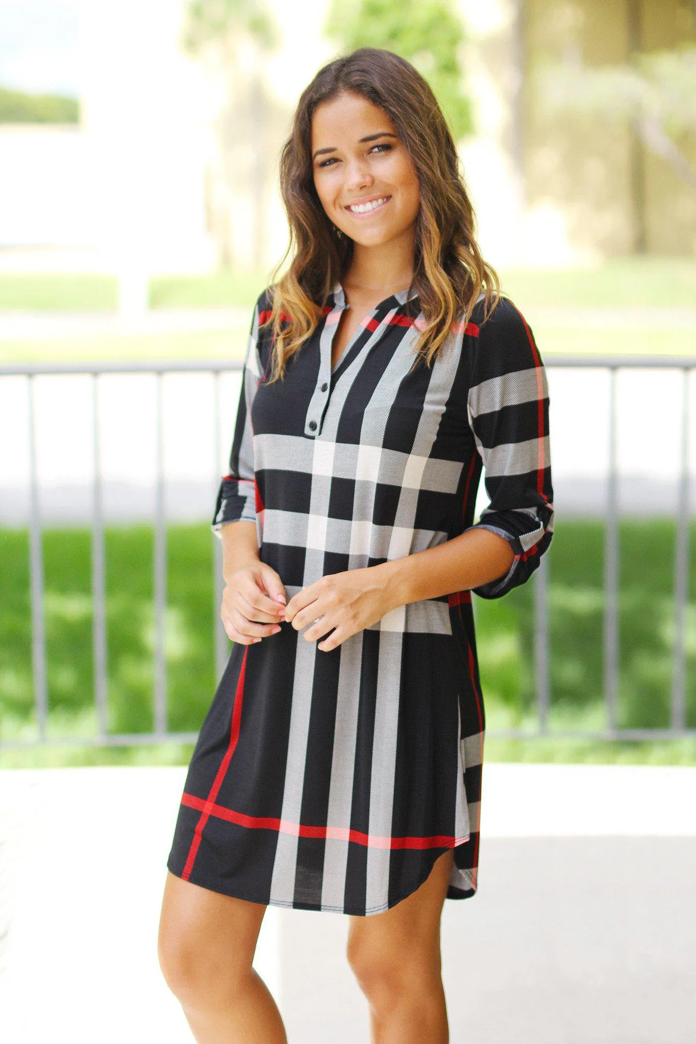 Black Check Print Short Dress with 3/4 Sleeves