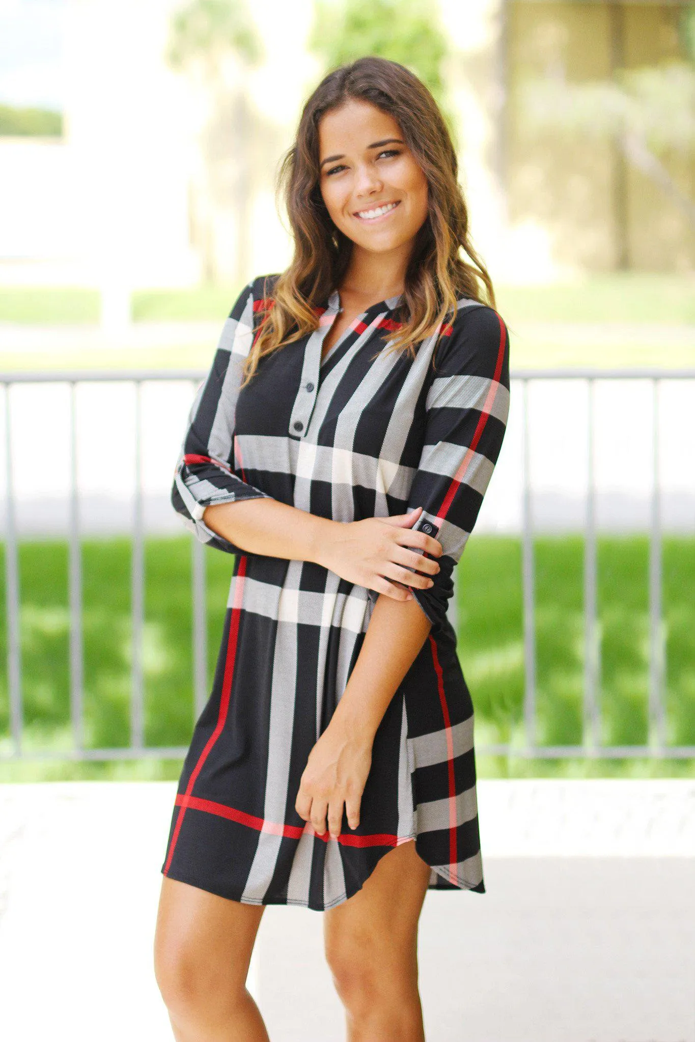 Black Check Print Short Dress with 3/4 Sleeves