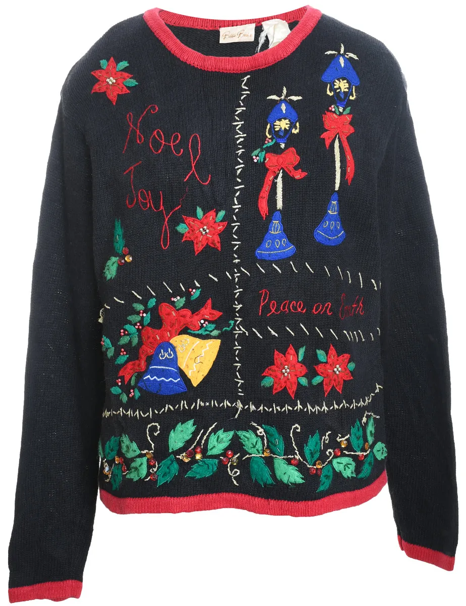 Black Embroidered Floral Christmas Jumper - M