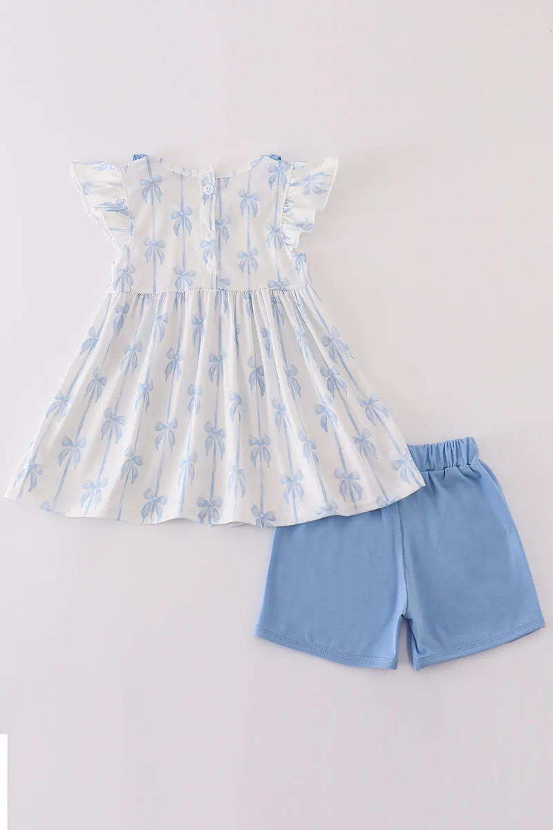 Blue bow ruffle girl set