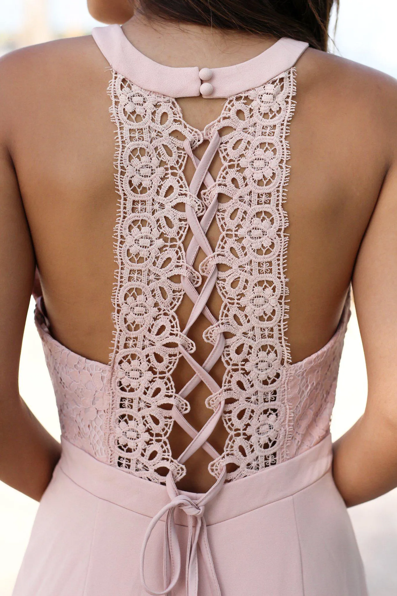 Blush Maxi Dress with Lace Up Back and Mesh Detail