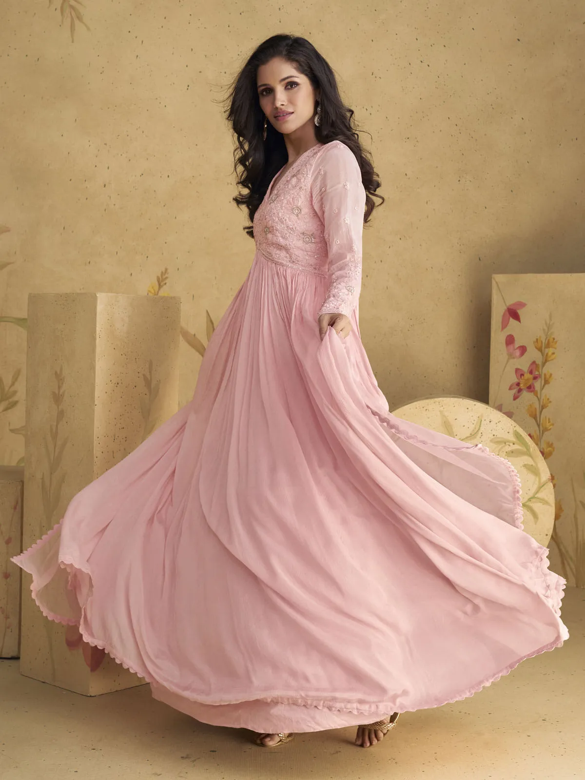 Blush Pink Handwork Embroidered Anarkali Gown Dress