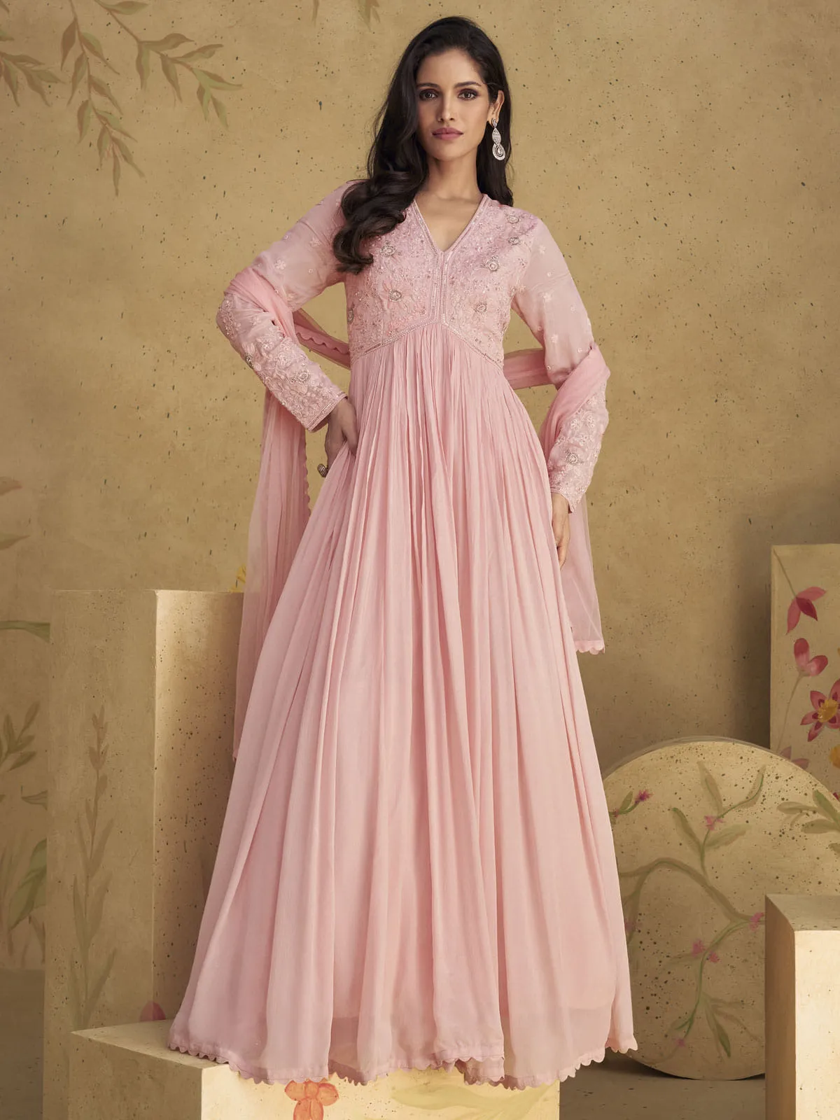 Blush Pink Handwork Embroidered Anarkali Gown Dress