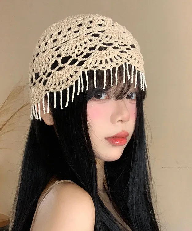 Boho Beige Tassel Hollow Out Knit Boonie Hat WI018