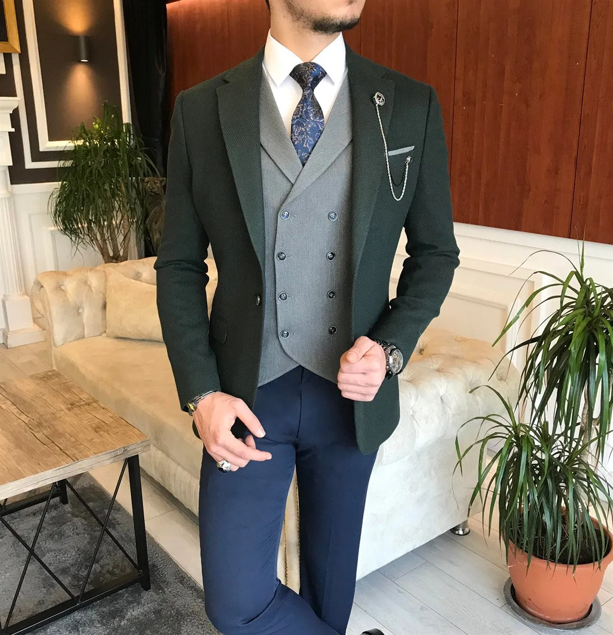 Bojoni Green Slim-Fit Suit 3-Piece