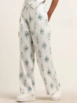 Bombay Paisley Teal Ikat Printed Mid Rise Cotton Blend Flared Pants