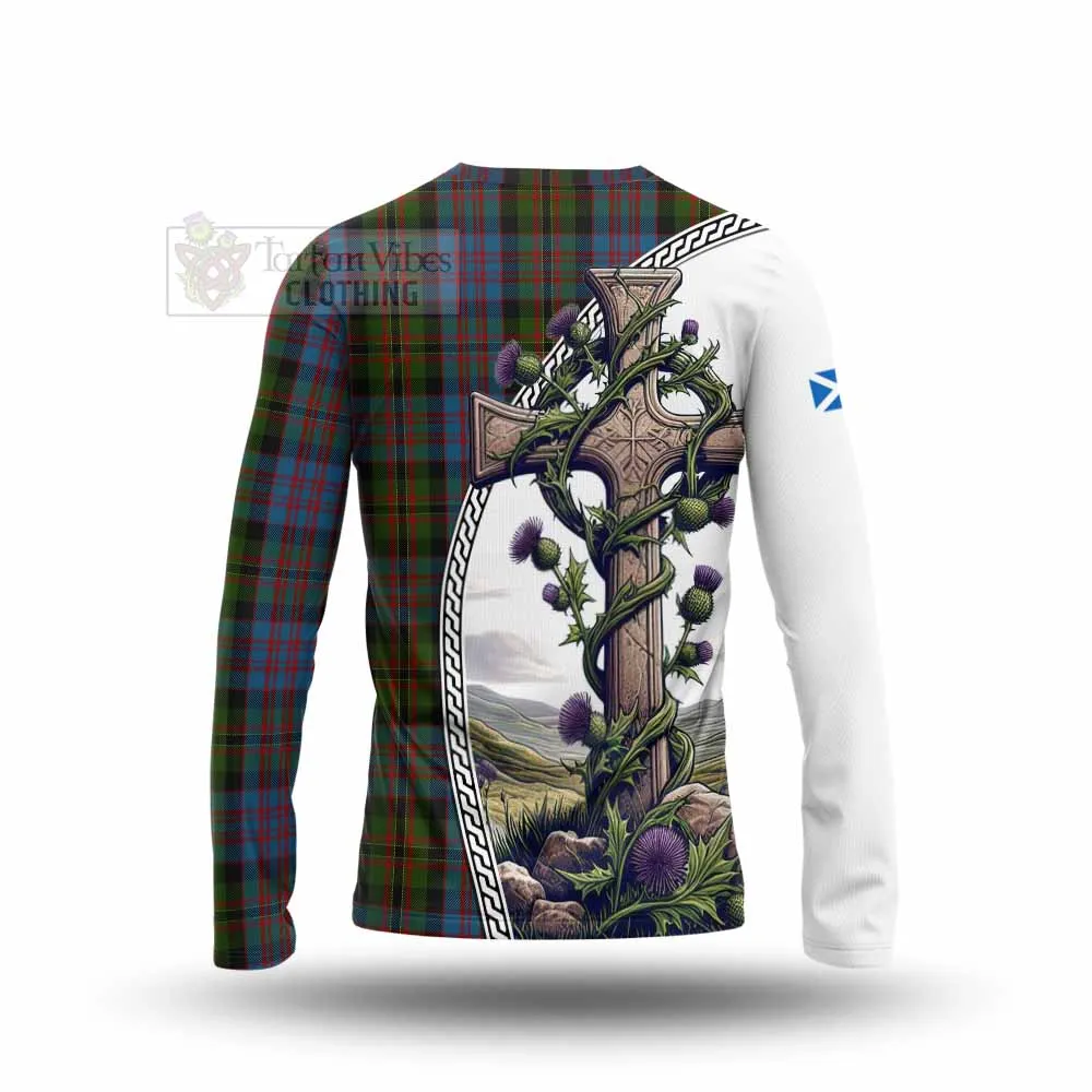 Bowie Tartan Long Sleeve T-Shirt with Family Crest and St. Andrew's Cross Accented by Thistle Vines