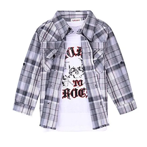 Boy Long Sleeve Plaid Shirt with Single Jersey Mock Tee with Printing