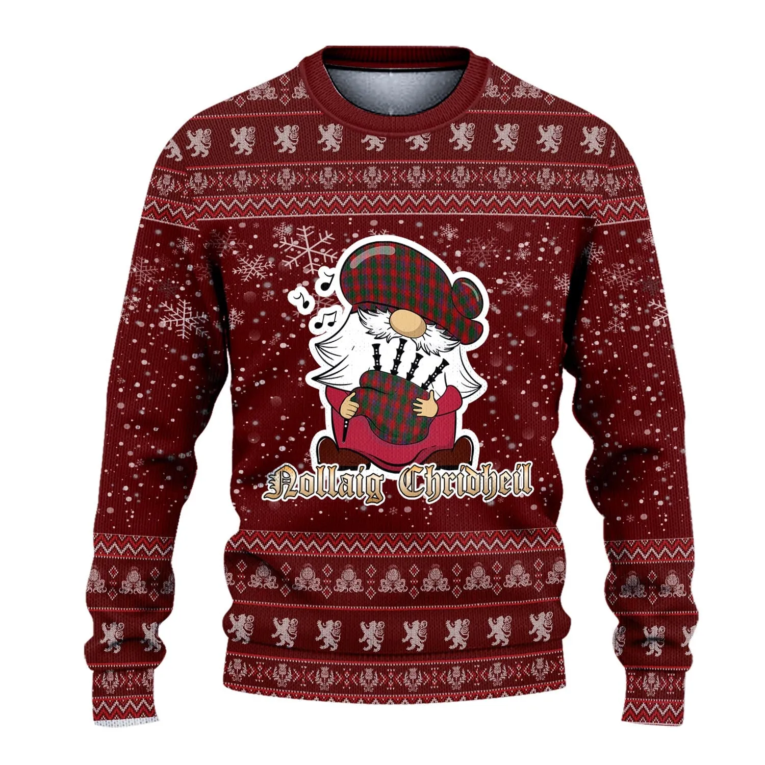 Bruce Old Clan Christmas Family Ugly Sweater with Funny Gnome Playing Bagpipes