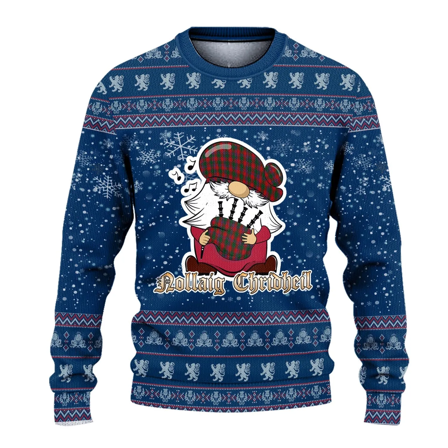 Bruce Old Clan Christmas Family Ugly Sweater with Funny Gnome Playing Bagpipes