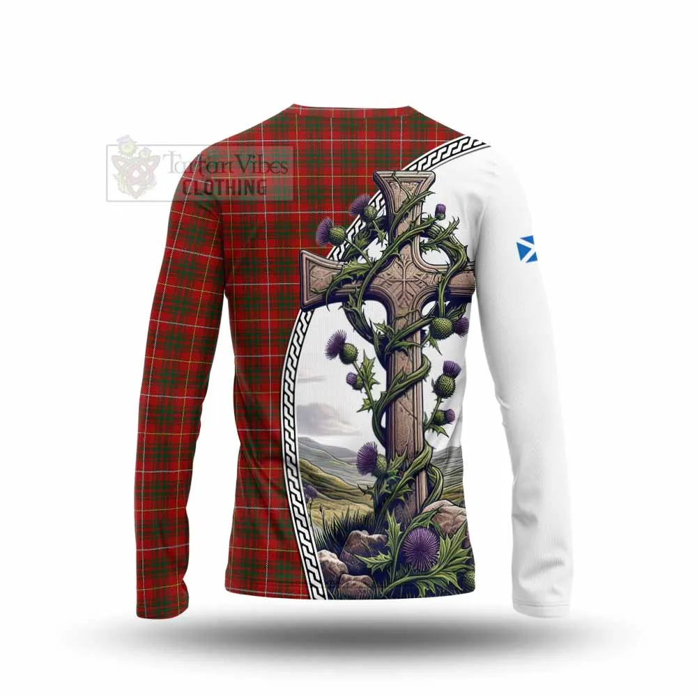 Bruce Tartan Long Sleeve T-Shirt with Family Crest and St. Andrew's Cross Accented by Thistle Vines