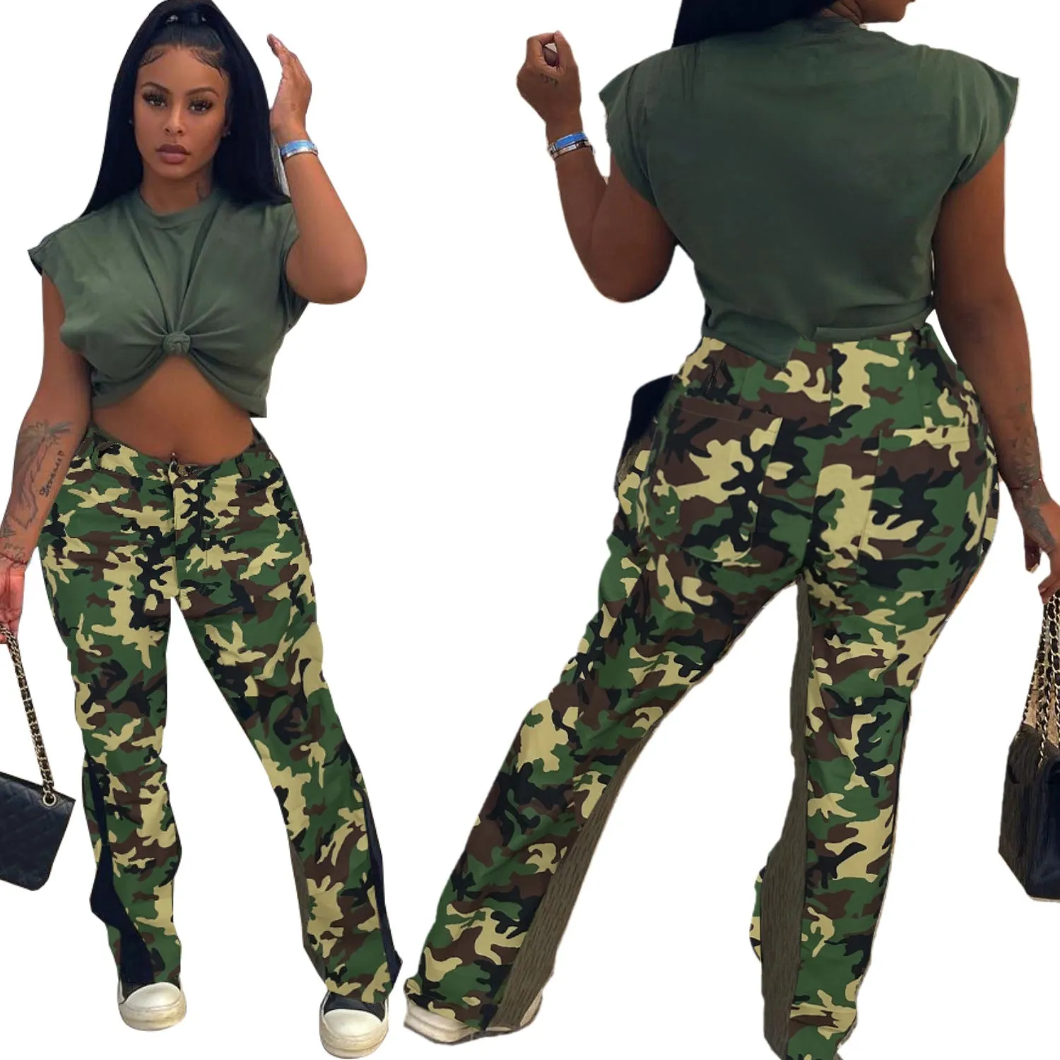 Camouflage stitching flared pants（AY2287）