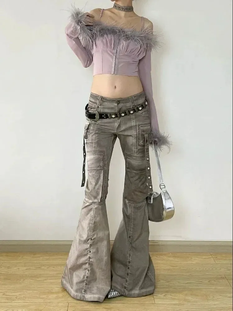 Cargo Flared Jeans Women Oversize Pocket Low Waist Denim Pants