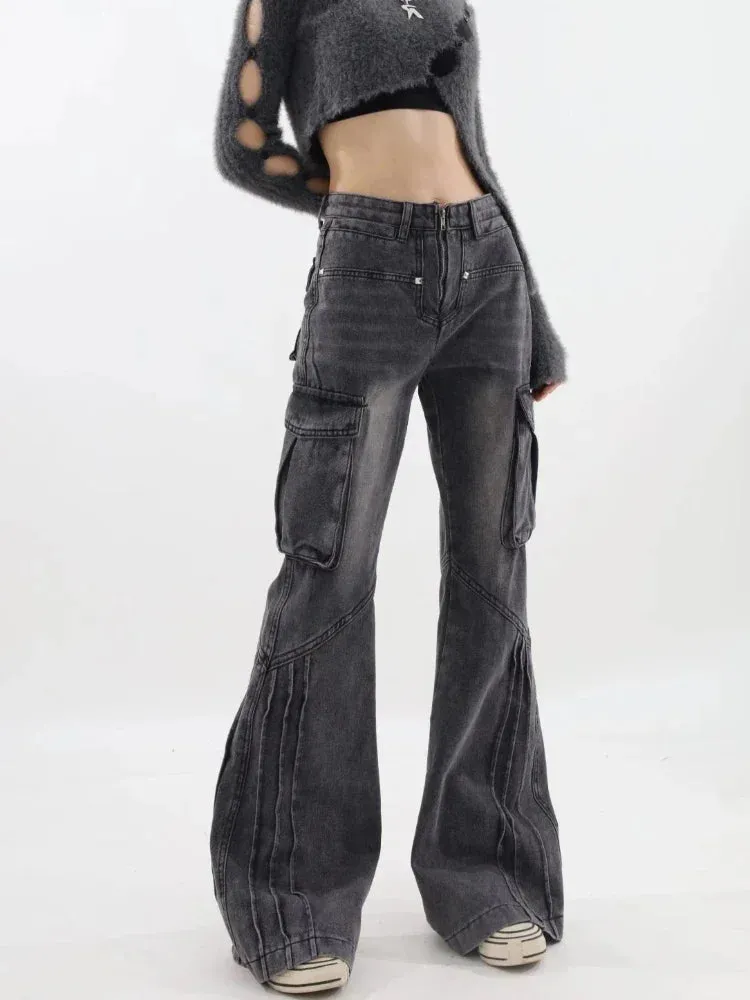 Cargo Flared Jeans Women Vintage Oversize Zip Wide Leg Denim Pants