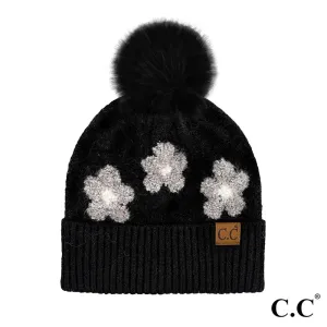 CC Daisy Pattern Beanie With Pom