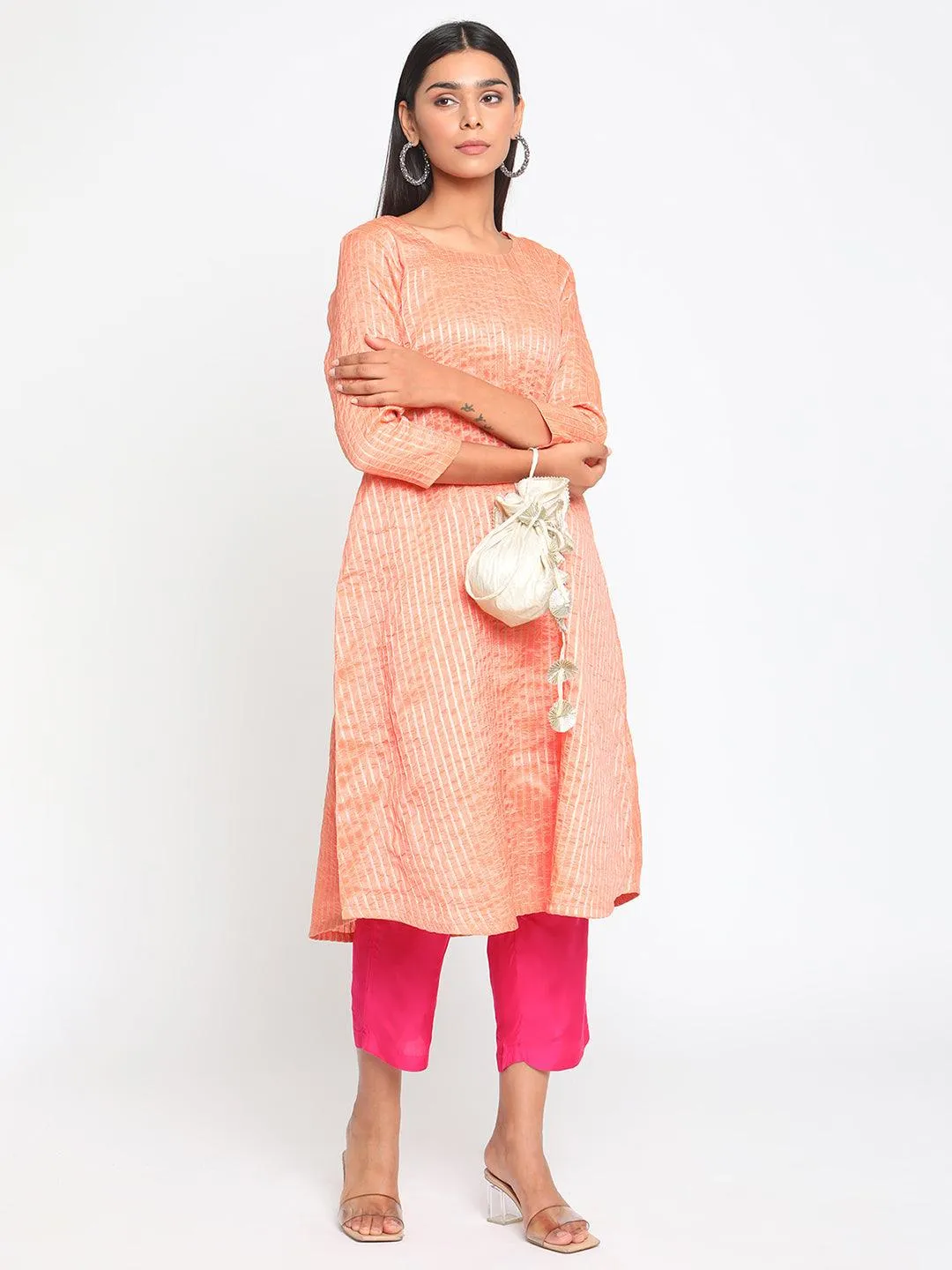 Chanderi Peach Striped Flared Kurta