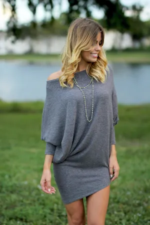 Charcoal Asymmetrical Long Sleeve Dress