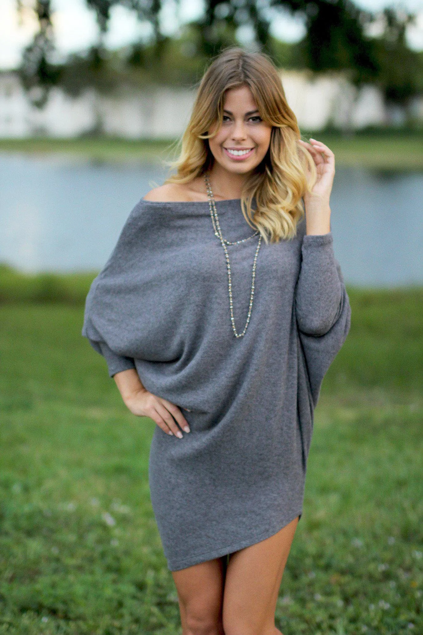 Charcoal Asymmetrical Long Sleeve Dress