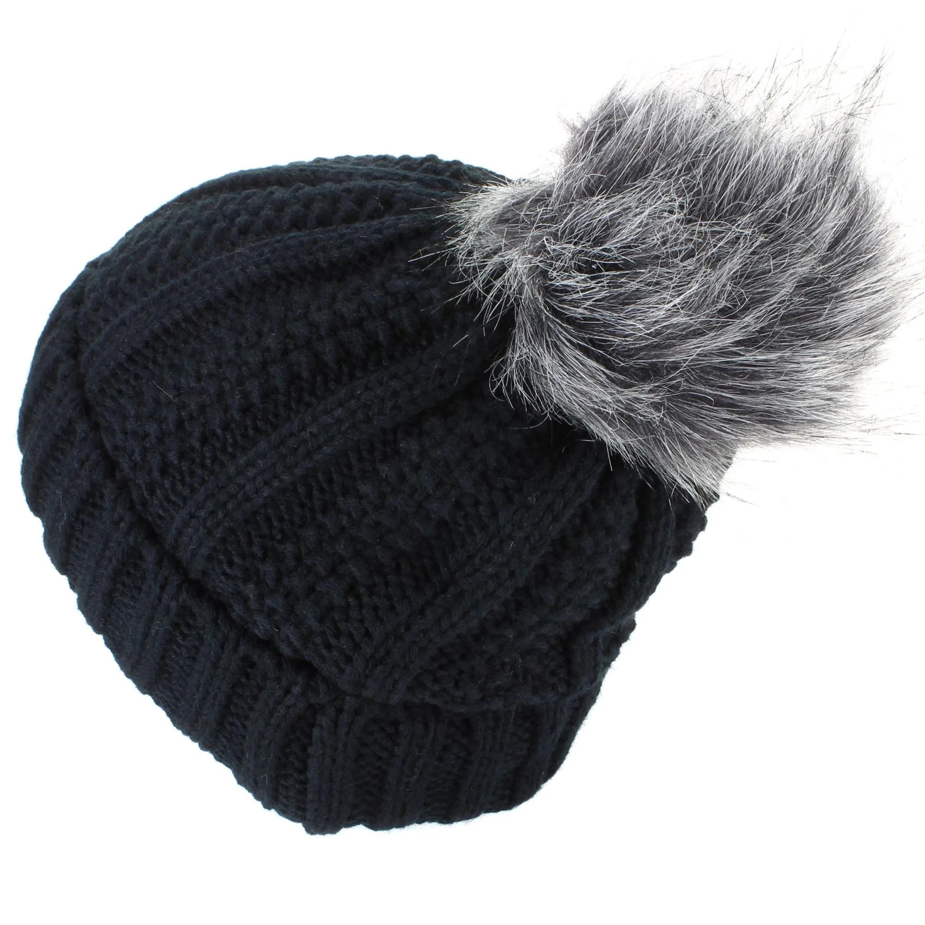 Chunky Beanie Hat with Faux Fur Pom and Super Soft Fleece Lining - Black