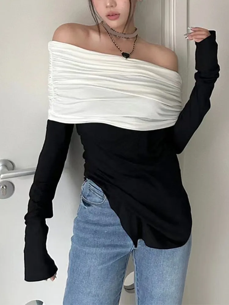 Colorblock Slimming Spliced Folds Casual T Shirts For Women Slash Neck Long Sleeve Minimalist T Shirt Female