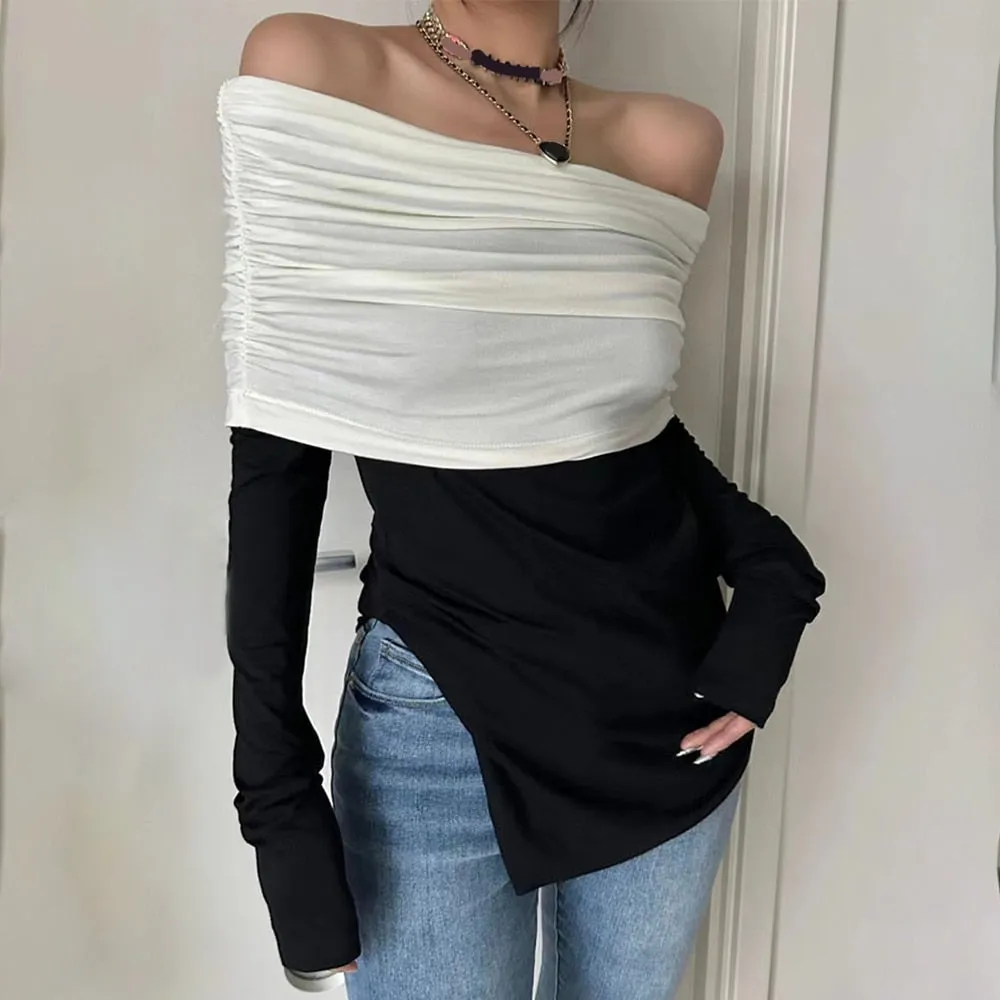 Colorblock Slimming Spliced Folds Casual T Shirts For Women Slash Neck Long Sleeve Minimalist T Shirt Female