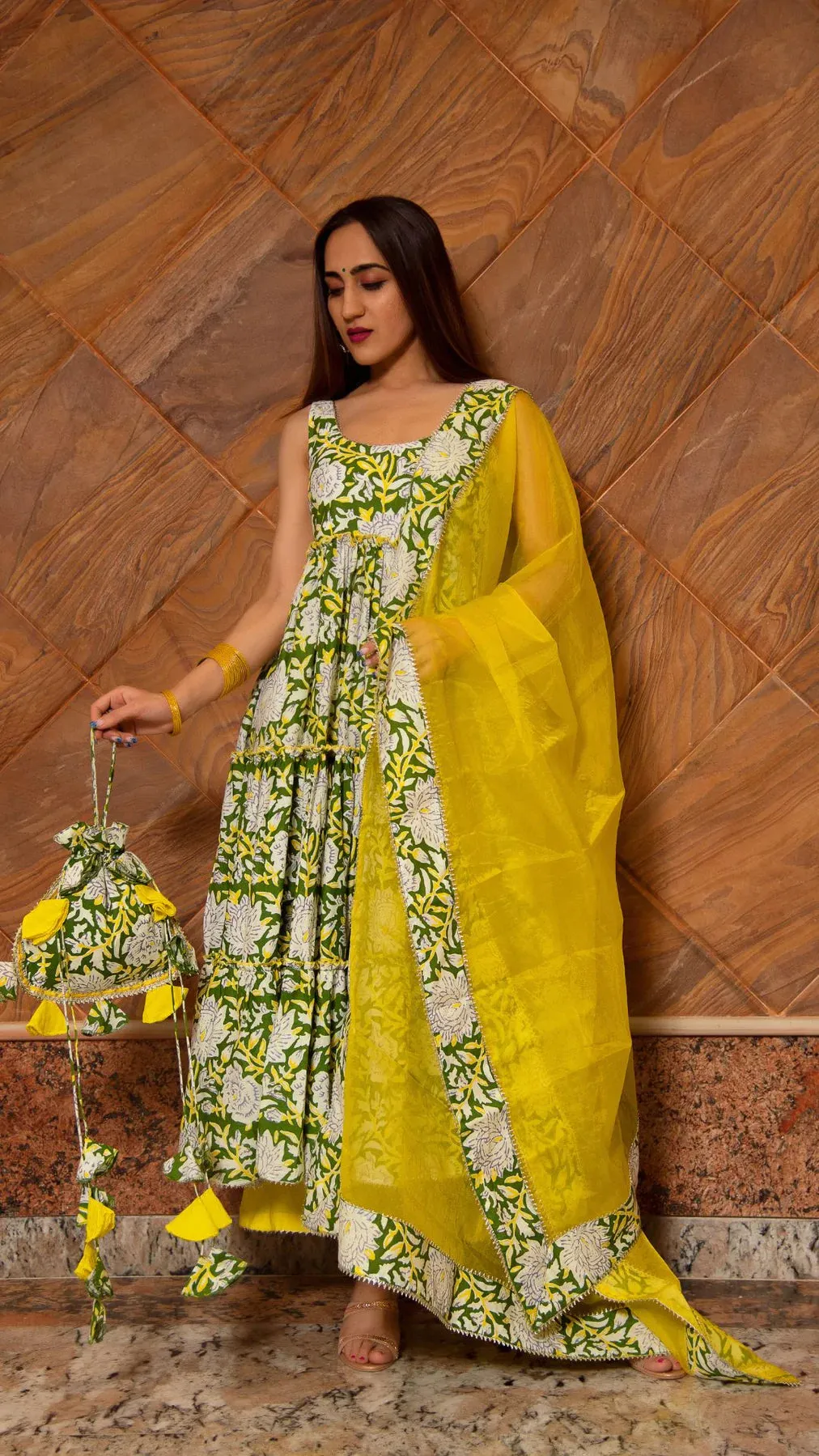 Cotton Lime Green & Yellow Printed Anarkali Suit Set with Organza Dupatta