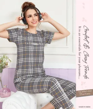 Cotton Printed Dark Green Night Suit Pajama Set for Woman