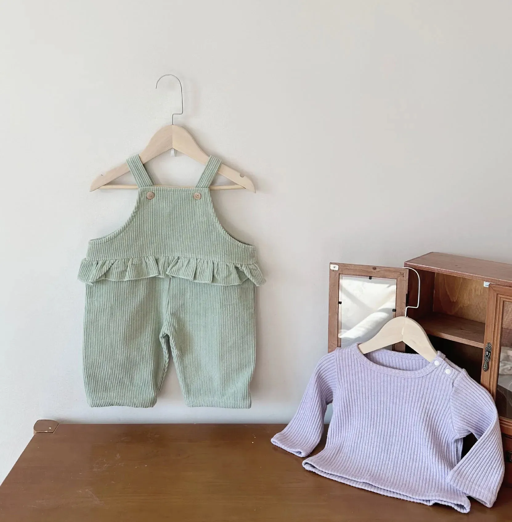 Cozy Green Overalls & Purple Knit Jumper Set for Babies